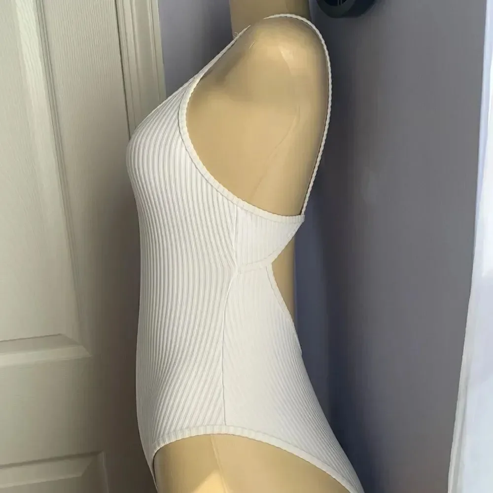 Designer low cut Sexy plunge Ribbed Swimsuit Swimwear White